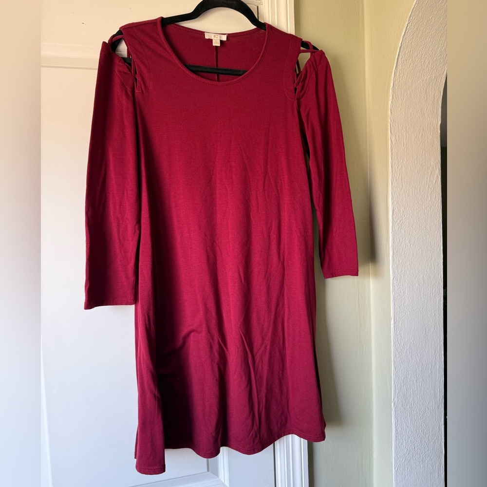 C.C Burgundy Long Sleeve Cold Shoulder Dress